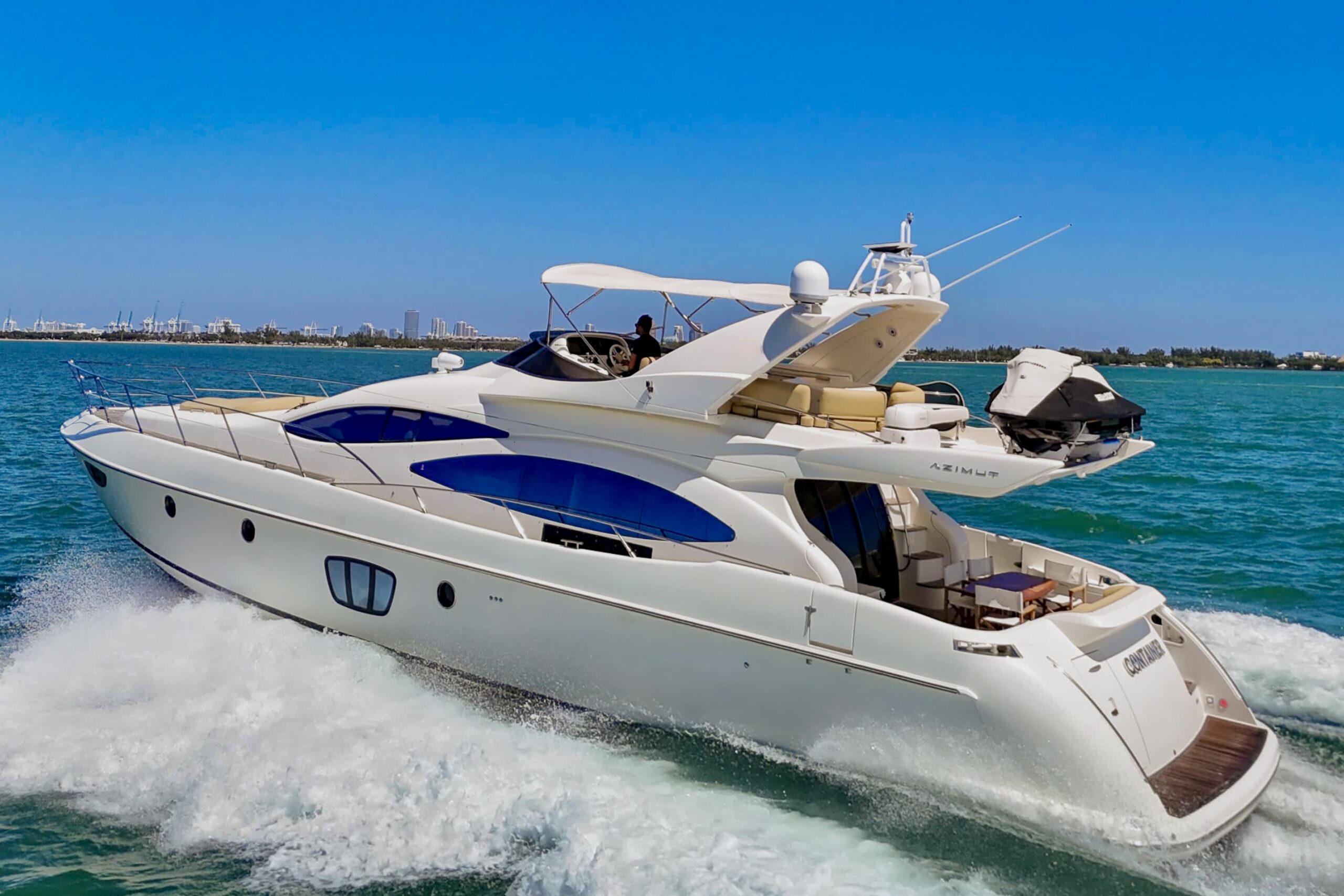 Azimut 70 Container gliding across Biscayne Bay with the Miami skyline