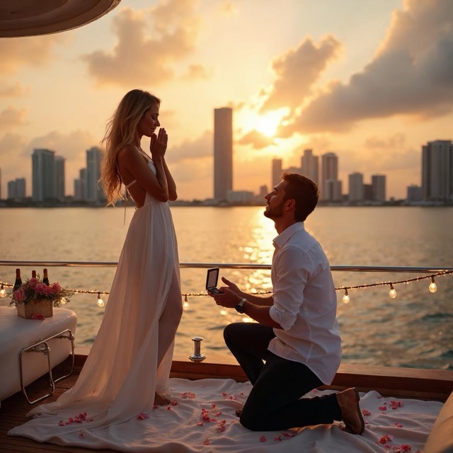 Happy couple toasting champagne during a nighttime cruise