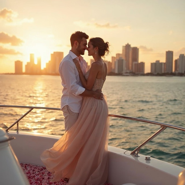 Romantic dinner table styled with candles and roses on the yacht
