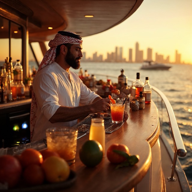 Open bar with spirits and fresh garnishes on a yacht