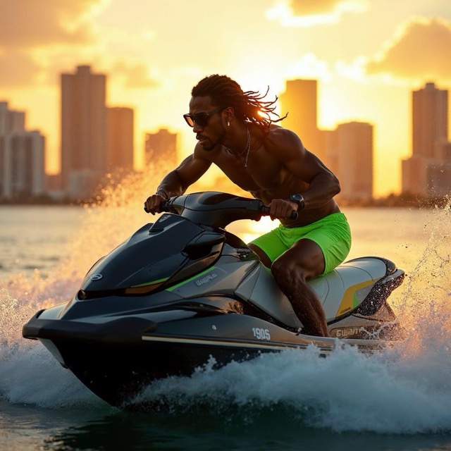 Jet ski riding beside a yacht in Miami at golden hour