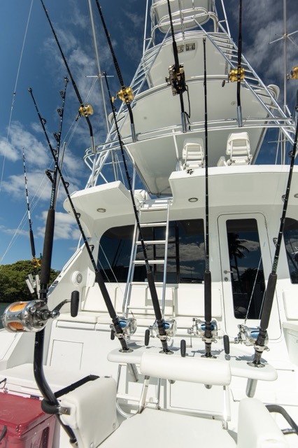 Anglers fighting a fish on a sportfishing boat offshore