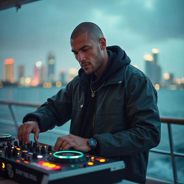 DJ mixing on a Miami yacht, LED lights and dancing crowd